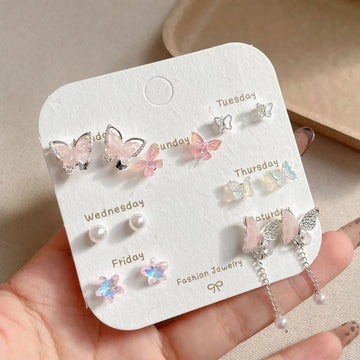 DAIIIBABYYY  -  7PCS SET Pink Flower Butterfly Star Pearl Stud Earring For Women Cute Exquisite Mini Earrings Jewelry Gift Wholesale Direct Sale
